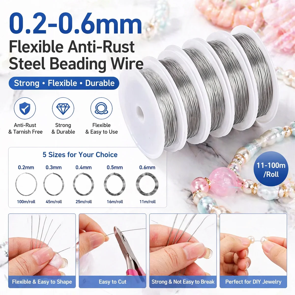 0.2-0.6mm Flexible Anti-Rust Steel Beading Wire for DIY Jewelry Making Bracelet Necklace Craft Wire 11-100m/Roll