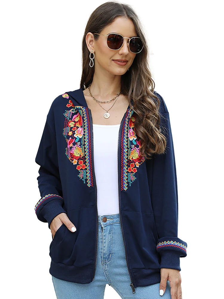 KHALEE YOSE Boho Floral Embroidery Hoodies Jackets Spring Autumn Long Sleeve Pockets Women Vintage Hooded Outwear Streetwear 3XL