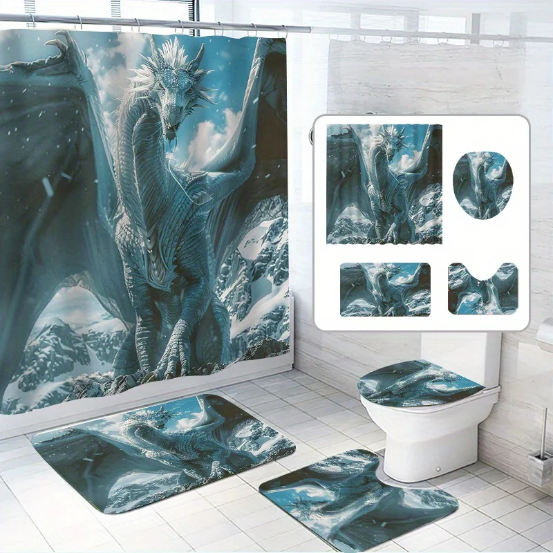 

Набор из 4 занавесок для душа Fantasy White Dragon с 12 крючками, водонепроницаемым полиэстером, ковриком для ванной, чехлом на сиденье унитаза и U-образной формой