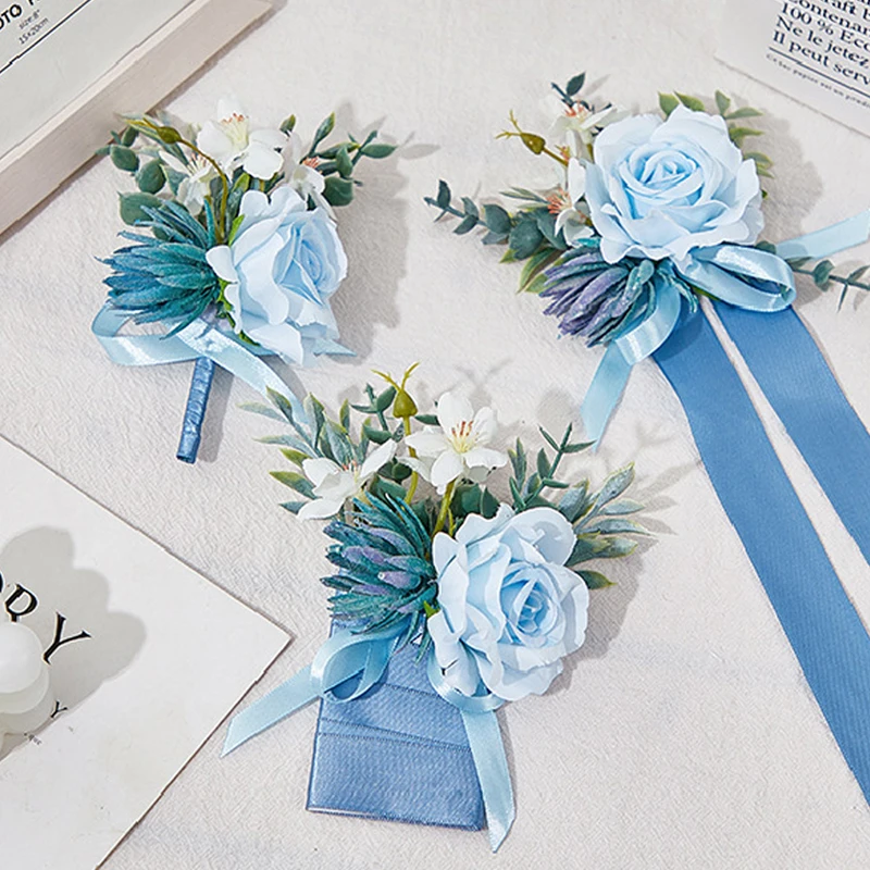 Azul lótus rosa corsage e boutonniere baile de formatura flor artificial pulso corsage pulseiras baile corsage pulseira