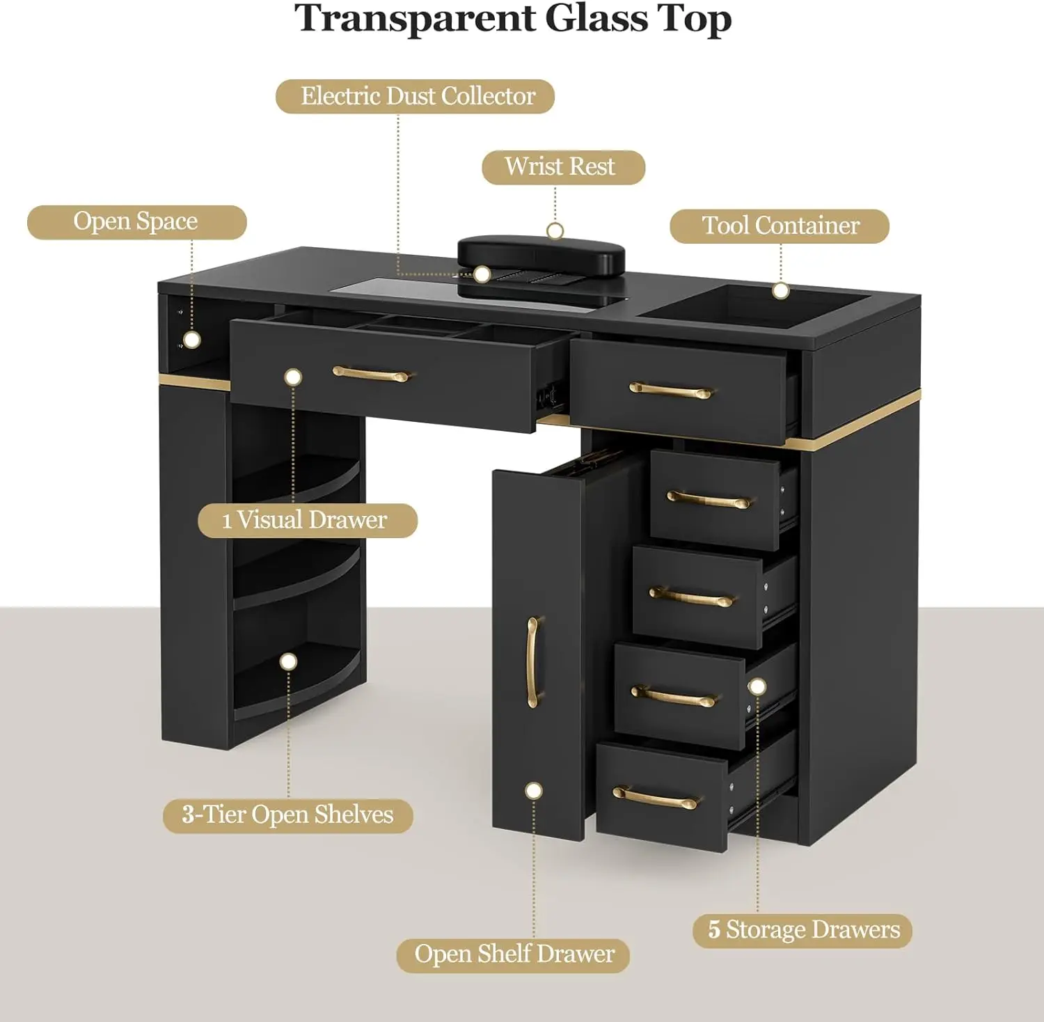 Customizable Glass-top Manicure Table Nail Table with Dust Collector & Storage Professional Salon Furniture Manicure Table