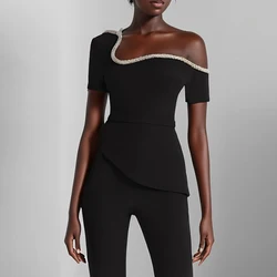 Sexy Asymmetrical Slim High Waist Jumpsuit 2024 New Women Fashion Short Sleeved Party Romper Elegant Summer Flare Pants Playsuit