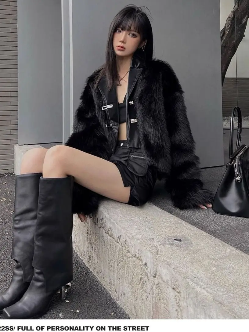 Chaqueta de Piel Sintética Ecológica para Mujer, Estilo Blazer, Otoño Invierno, Sensación de Alta Gama, Piel y Pelo Sintético para Mujeres Jóvenes