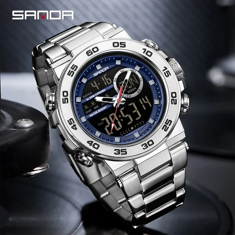 SANDA Fashionable Men's Electronic Watch Sports Multifunctional Waterproof Large Dial Three Pin Double Display Men's Wrist watch