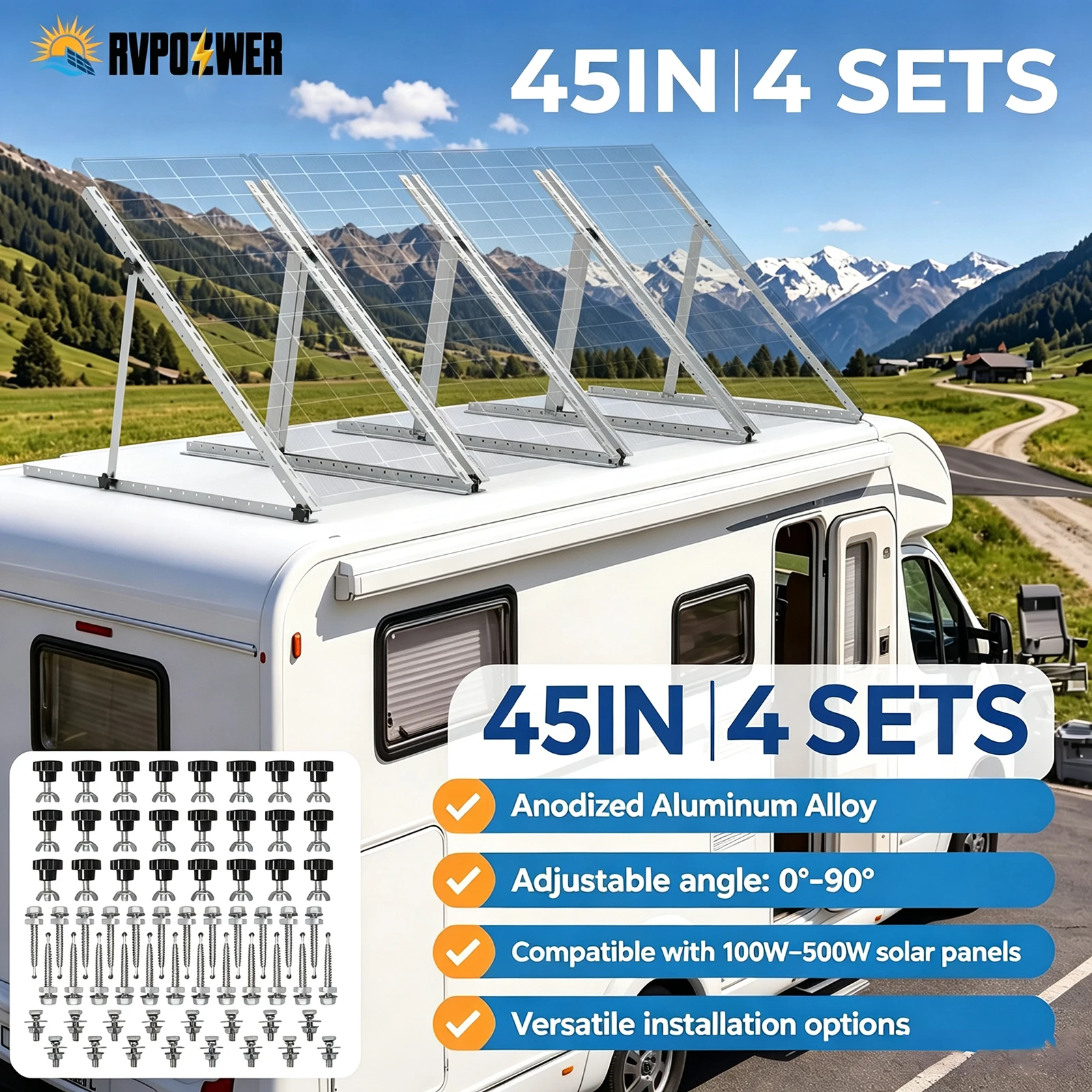 RVPOZWER 4/2/1 PCs Verstellbare Solarpanel-Halterungen 45-Zoll-Sets Faltbare Neigungsbeine Ständer Dachmontage-Kit für Wohnmobil, Wohnwagen, Boot, netzunabhängige PV-Anlage