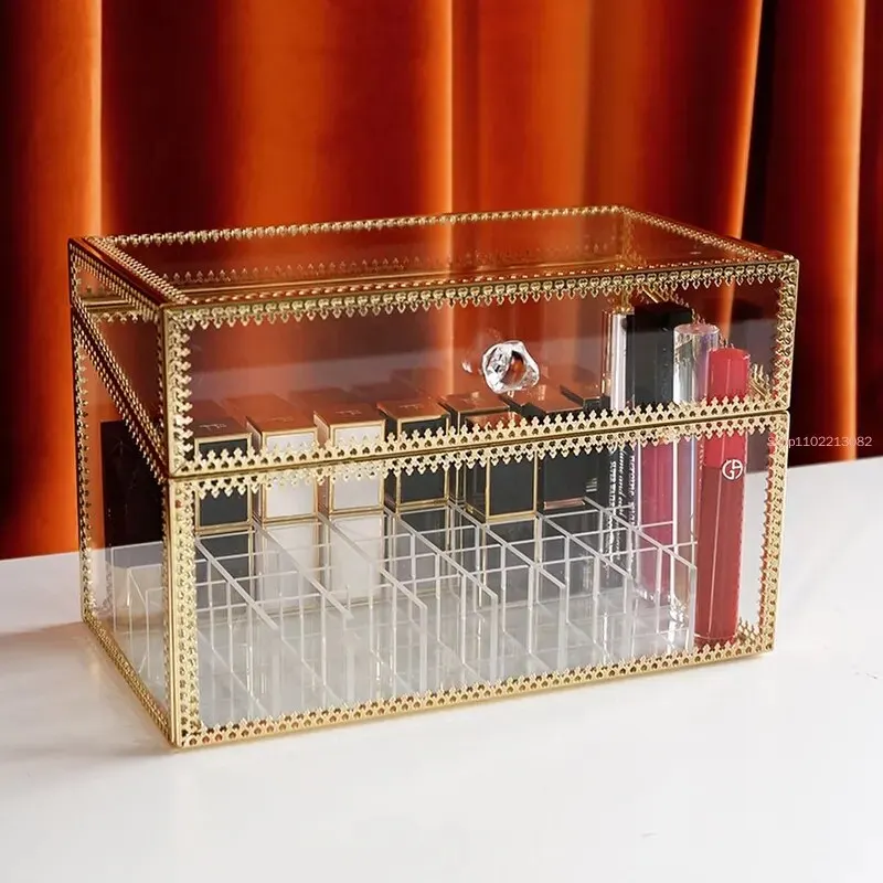 

Women Golden Makeup Organizer Storage Box Glass Cosmetic Container for Lipstick Skin Care Nail Polish Perfume Display Stand