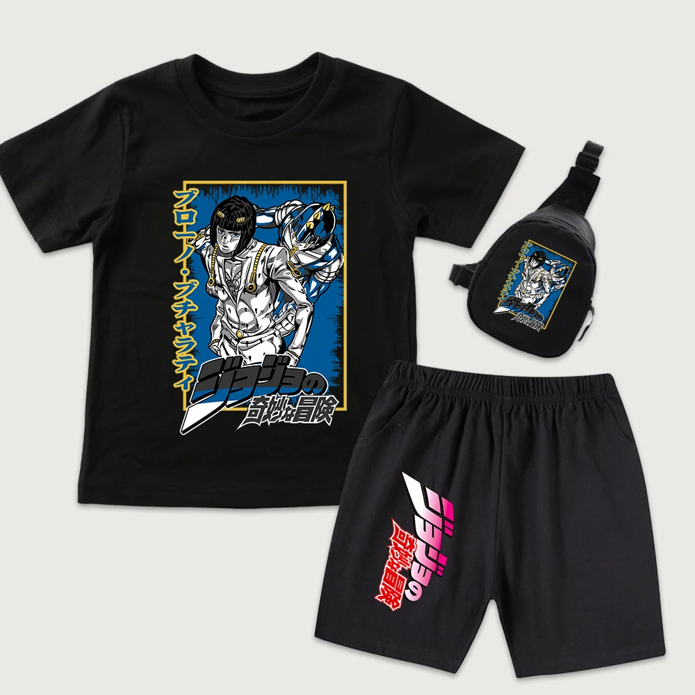 Jojo Bruno Bucciarati Anime Print Kids Cotton T Shirt Shorts Mini Chest Bag 3 Piece Set for Boys Girls Casual Summer Outfit