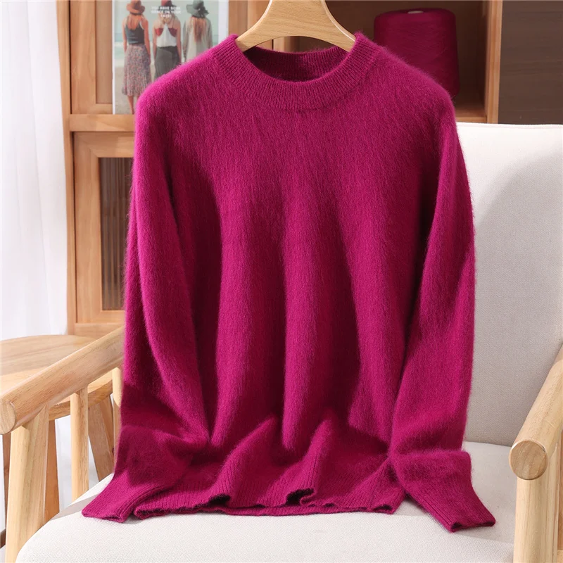 

Solid Women's O-Neck Elegant Pullover Soft Warm 100% Mink Cashmere Sweater Autumn Winter Soft Casual Loose Clothing Tops