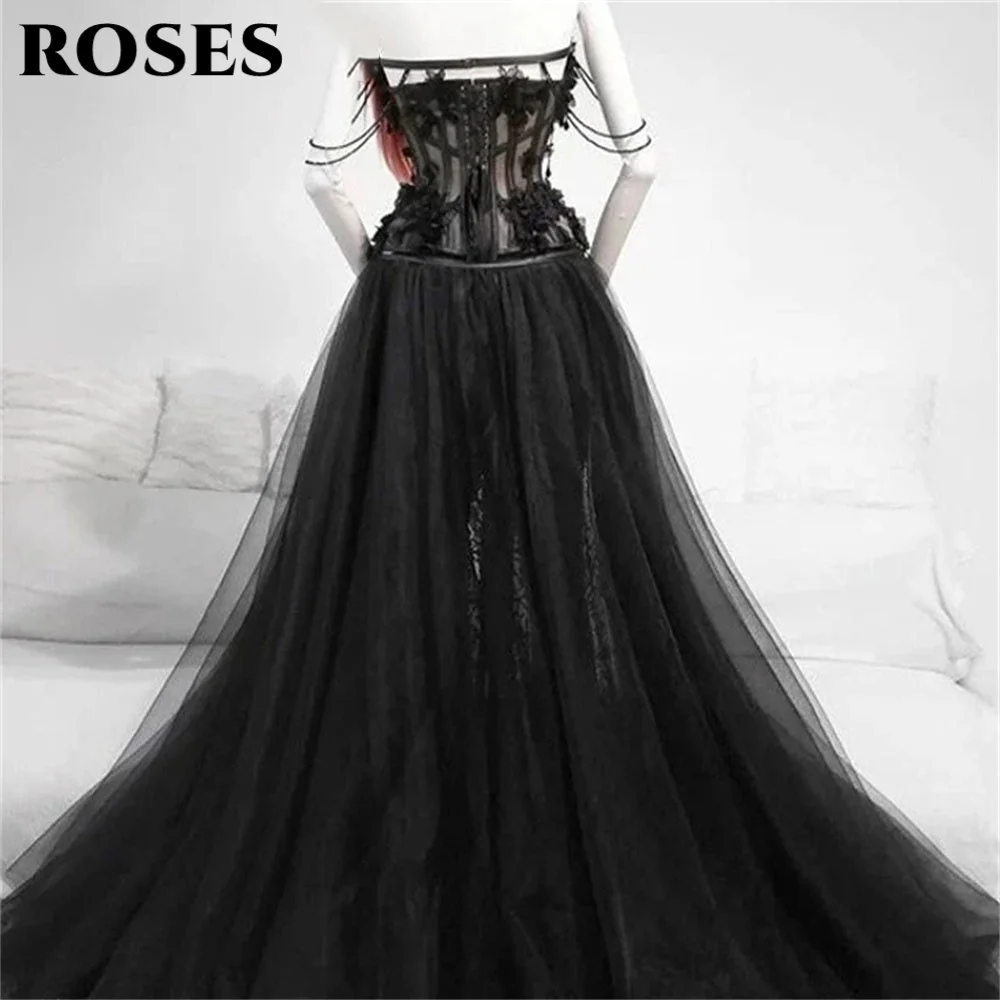ROSES Black Lace Coreset Prom Dresses Fairy Tulle Bridal Gown Dress Forest Witchy Bridal Dress Gothic Wedding Gown Customized image 3
