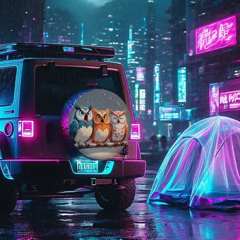 Spare Tire Cover For Trailer RV SUV Truck | Polyester Fiber Winter Snowy Scene Colorful Owls Cartoon Pattern Outdoor Vehicle Acc