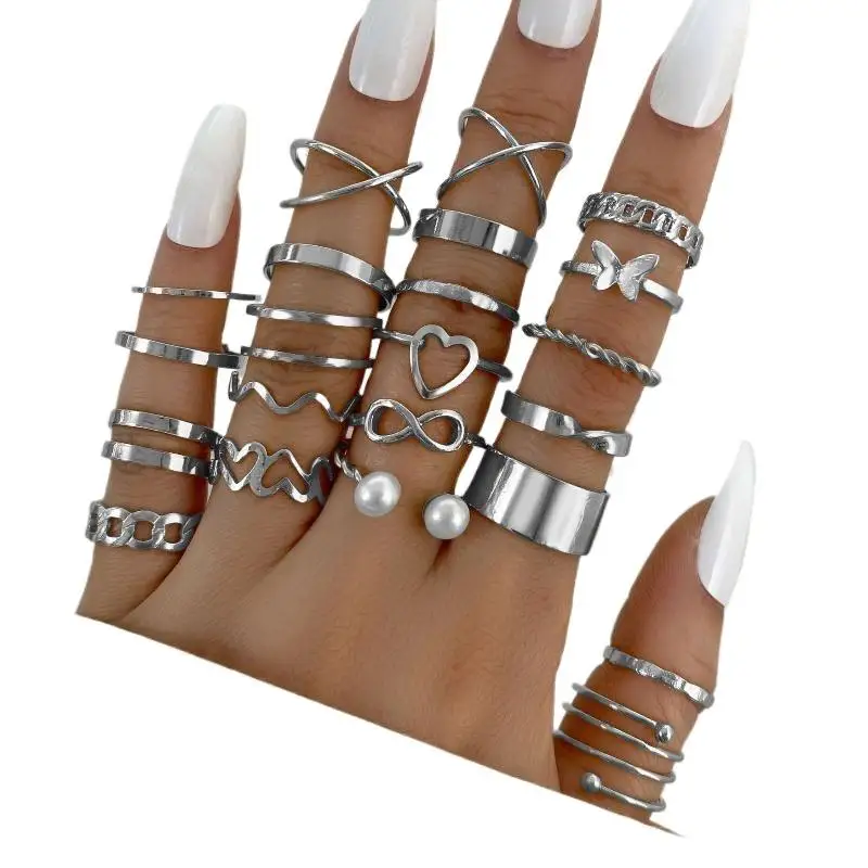 Stackable Gold Plated Alloy Ring Set 22 PCS Unique Heart Butterfly Pearl Designs Dainty Jewelry for Women Christmas Gift Her