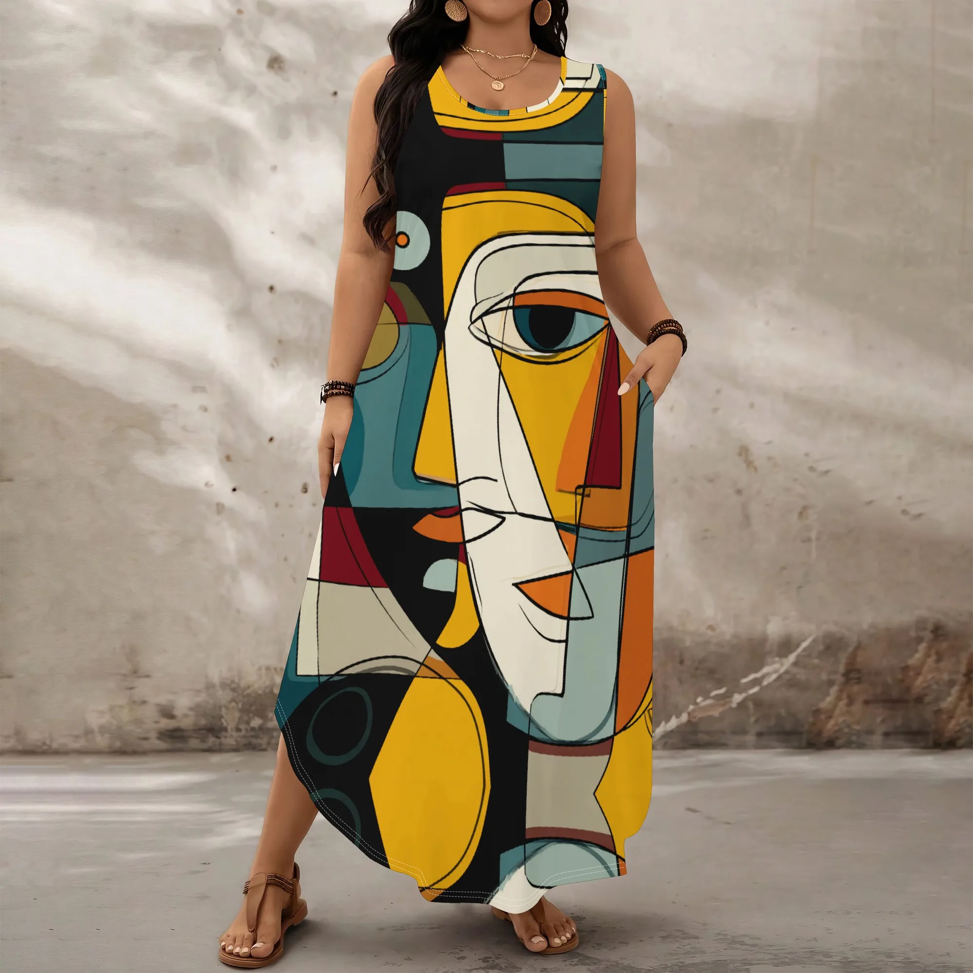 

Plus Size Women's Cubism Art Print Maxi Dress XL-6XL, Picasso Style Sleeveless Pockets Bohemian Casual Summer Dress