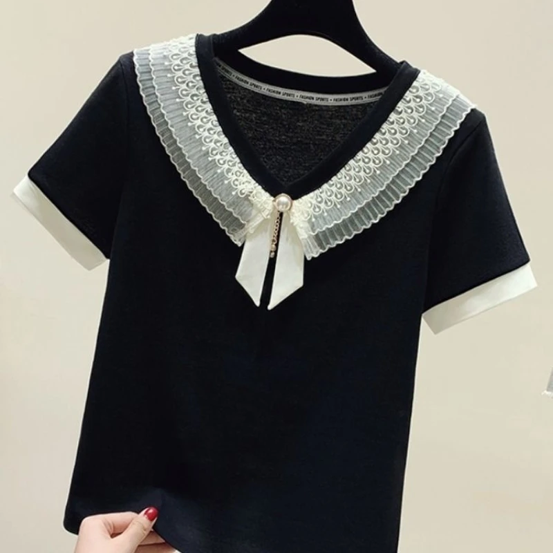 Korean Simplicity Fashion Summer T-Shirts Women\'s Panelled V-neck Patchwork Bow Pearls Temperament Loose Short Sleeve Thin Tops