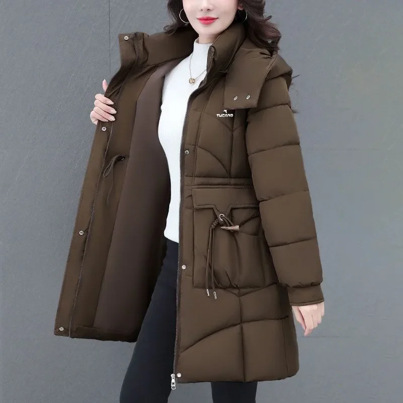 Detachable Hood Mid Length Puffer Coat Drawstring Waist Big Pocket Windproof Warm Winter Quilted Parka Jacket Outerwear Women