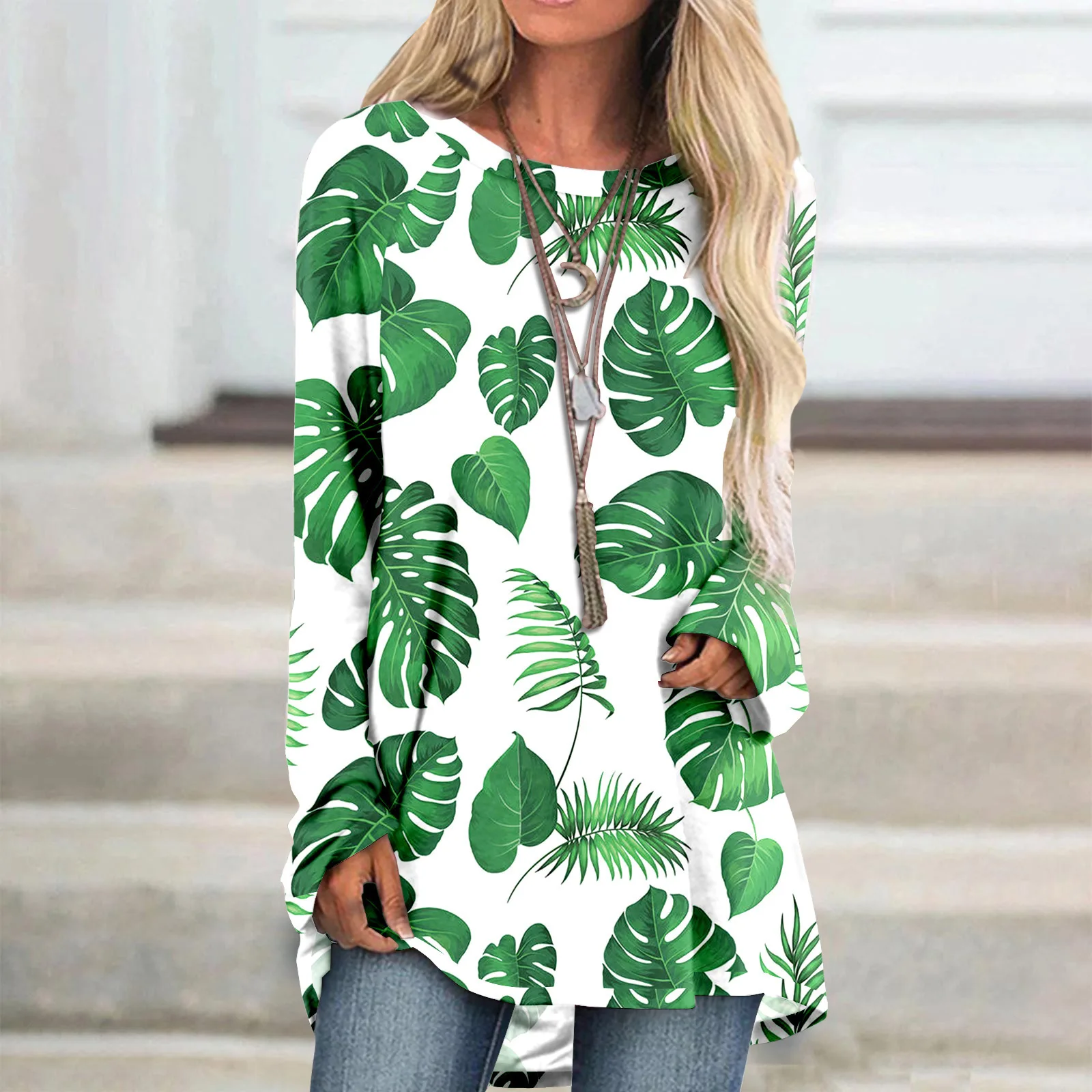 Fashionable slimming skirt for women in spring and autumn 2024, minimalist plant print long sleeved round neck WA1