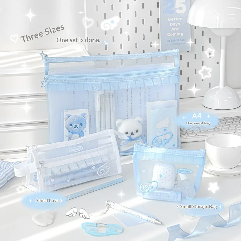 

RosyPosy Angel Wing Embroidery Lace Mesh Pouch Cute Multi Purpose Storage Bag For Primary School Students Subject Classification