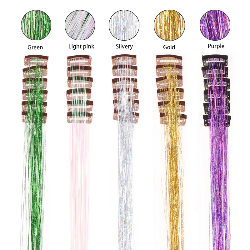 Extensiones de Cabello sintético para fiesta, mechones de oropel brillantes, 6 piezas, 11 colores