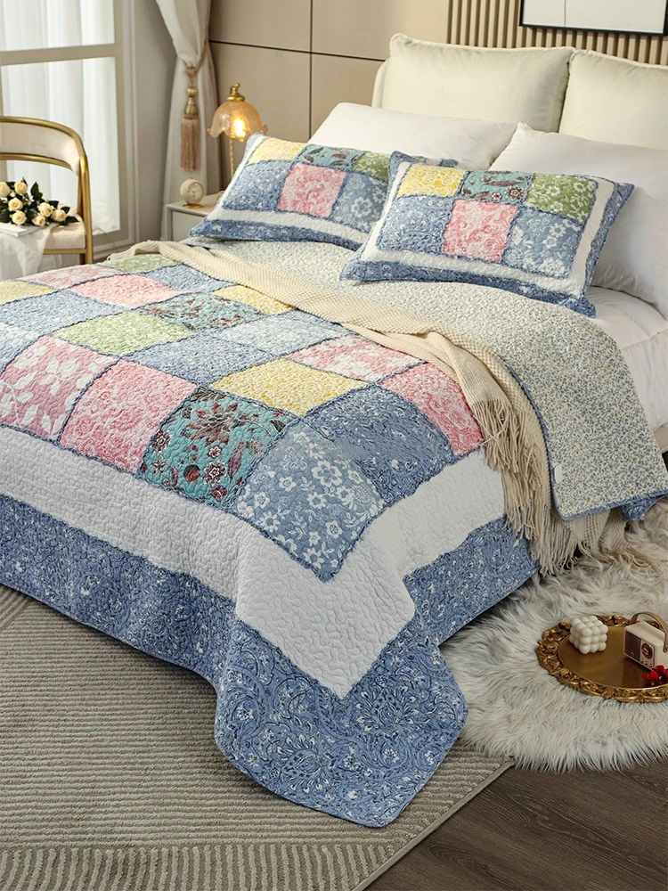 

Floral Print Cotton Quilt Bedspread, Bedspread on the Bed, Applique Quilted Blanket, European Coverlet, Plaid Cubrecam Bed Cover