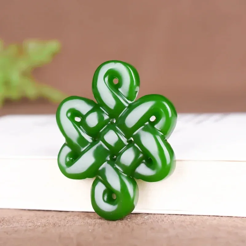 

Natural Green and White Jade Chinese Knot Pendant Necklace Double-sided Hollow Carved Charm Jadeite Jewelry Fashion Gifts
