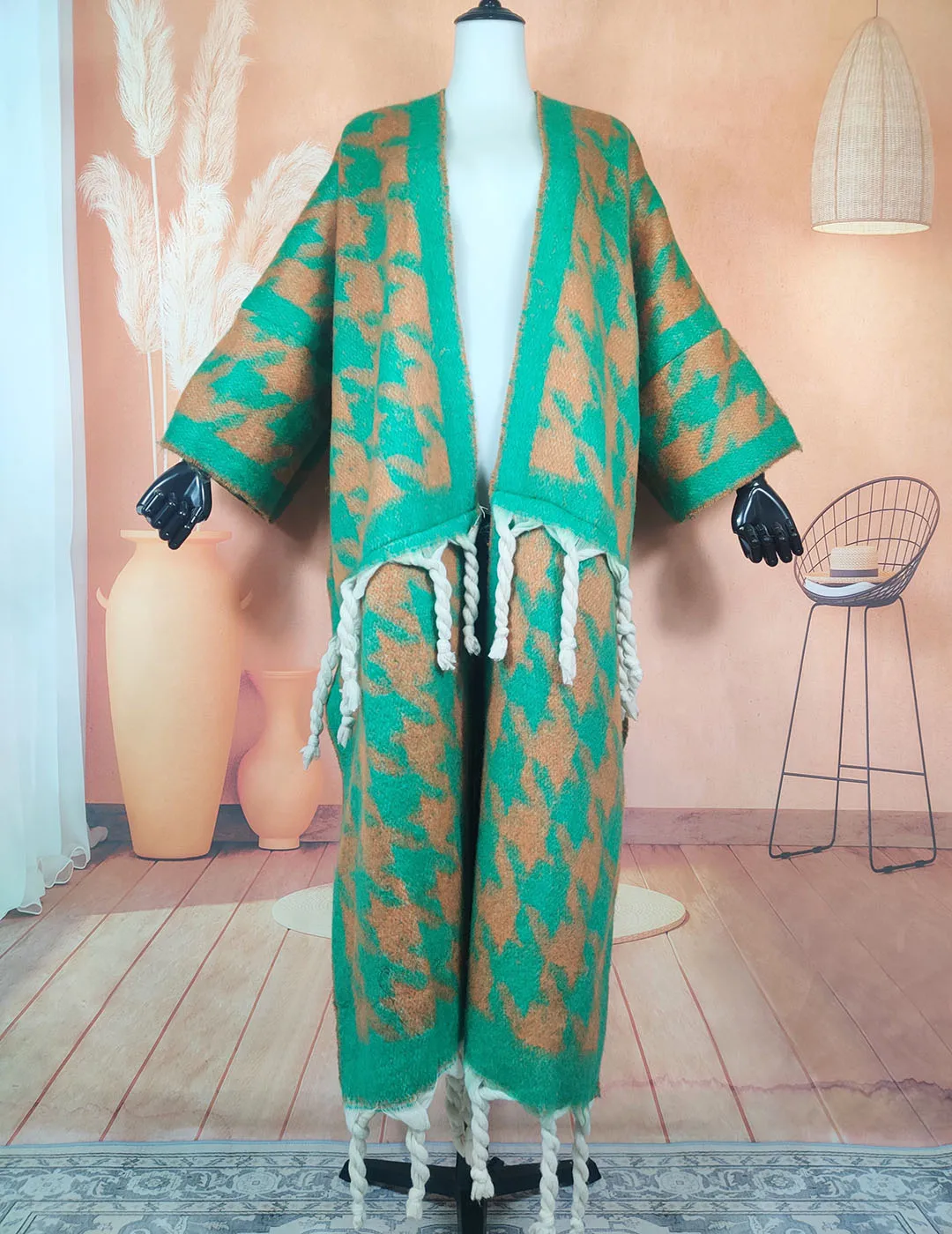 أزياء الشتاء شرابة الكيمونو للنساء المتضخم أنيقة مفتوحة الجبهة الدافئة بالأزرار الثقيلة سميكة طويلة منفضة معطف لقضاء عطلة #5