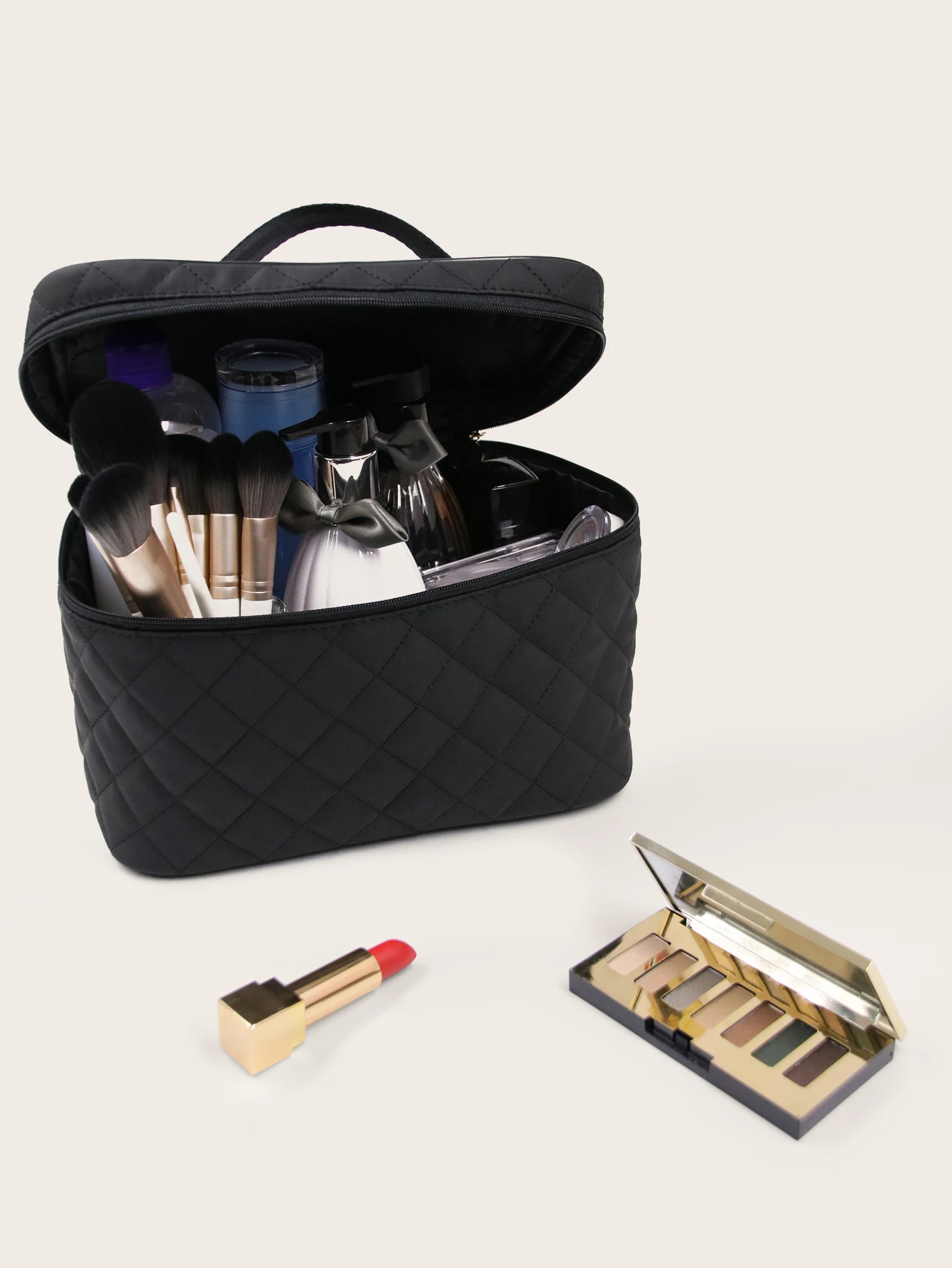 1PCS Large Black PU leather with Diamond-shaped check pattern  Tote makeup bag Travel makeup Bag makeup brush bag Makeup bag org