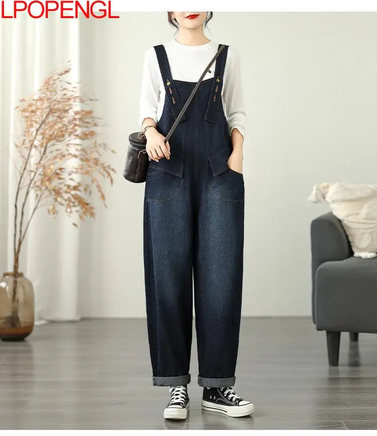 Outono novo retro angustiado cowboy cinta macacão feminino solto casual de uma peça calças de perna larga retalhos bolso streetwear jeans