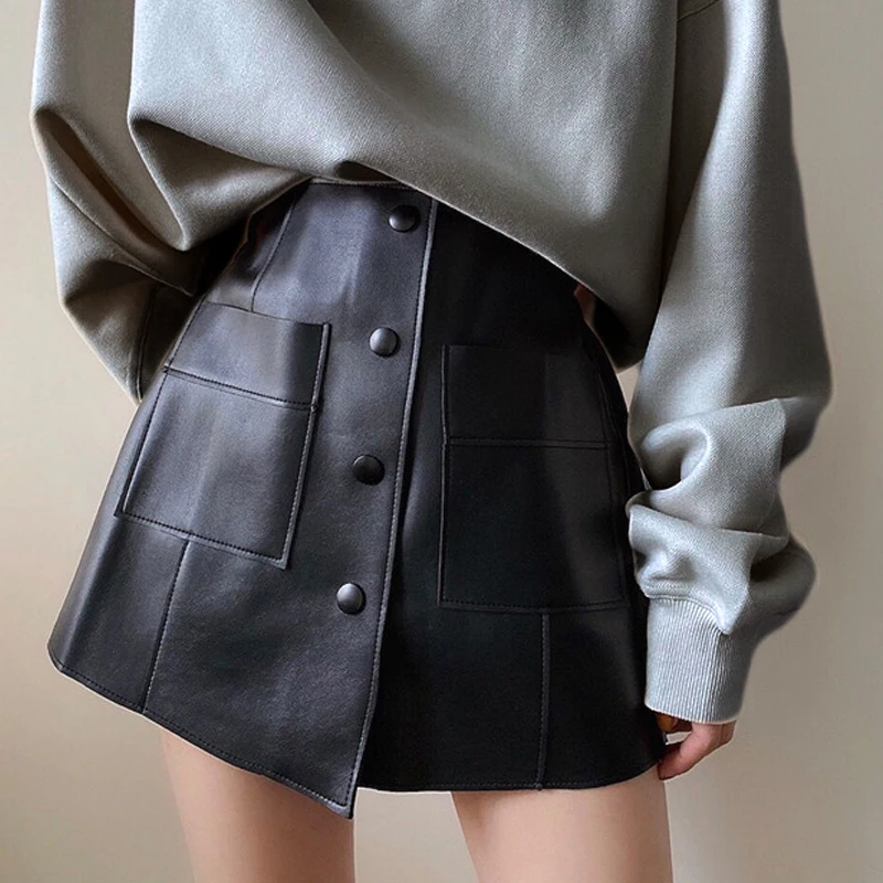 

Leather skirt women new high waist short skirt Single-breasted pocket irregular leather shorts