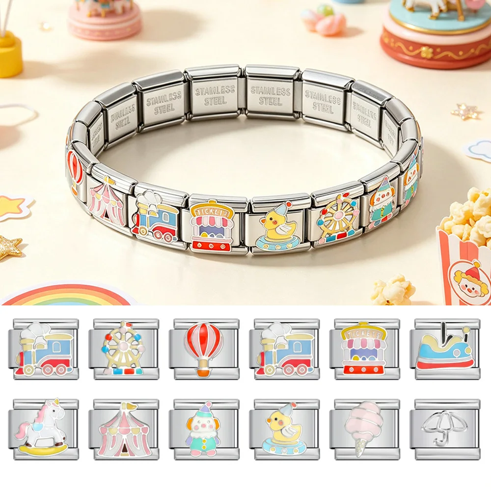 Cute Carnival Clown Ferris Wheel Train Unicorn Cartoon Italian Charm Links 9mm Fit DIY Italian Bracelet Stainless Steel Jewelry