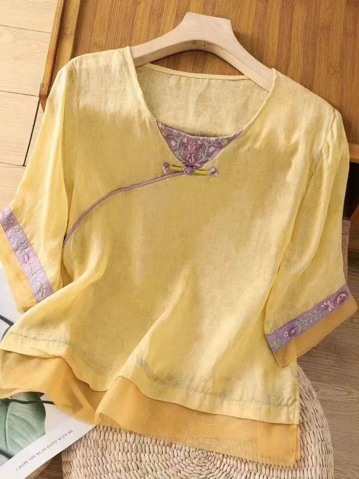 

Новая китайская летняя женская блузка свободного кроя из хлопка и льна с вышивкой, укороченная, для похудения