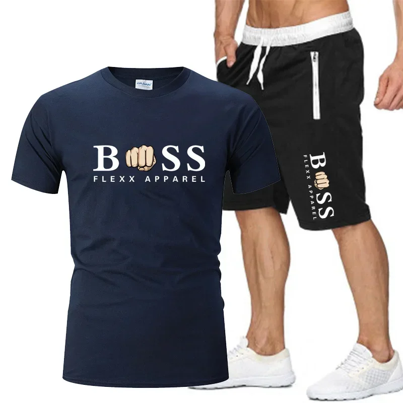 2024 Fashion Print New Sports Gym Running Men Cotton Round Neck T-shirt Summer Breathable Sports Casual Shorts Two Piece Sets