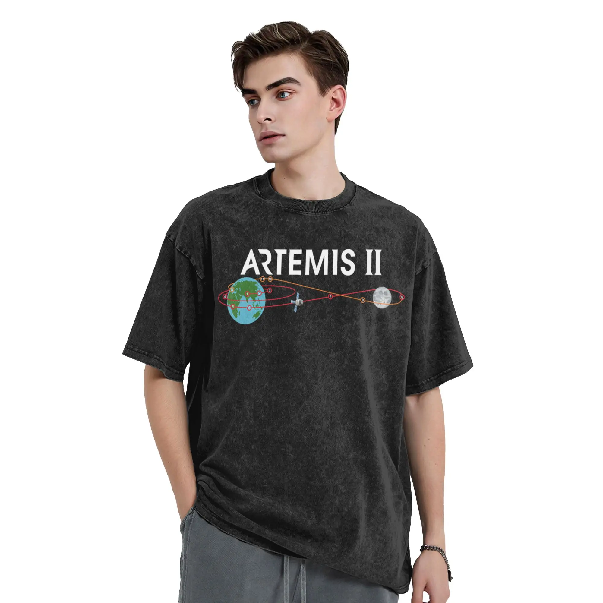Washed T Shirts Artemis 2 Route Map SLS Rocket Launch Mission To The Moon Novelty T-Shirts Streetwear Cotton Summer Tops Tees