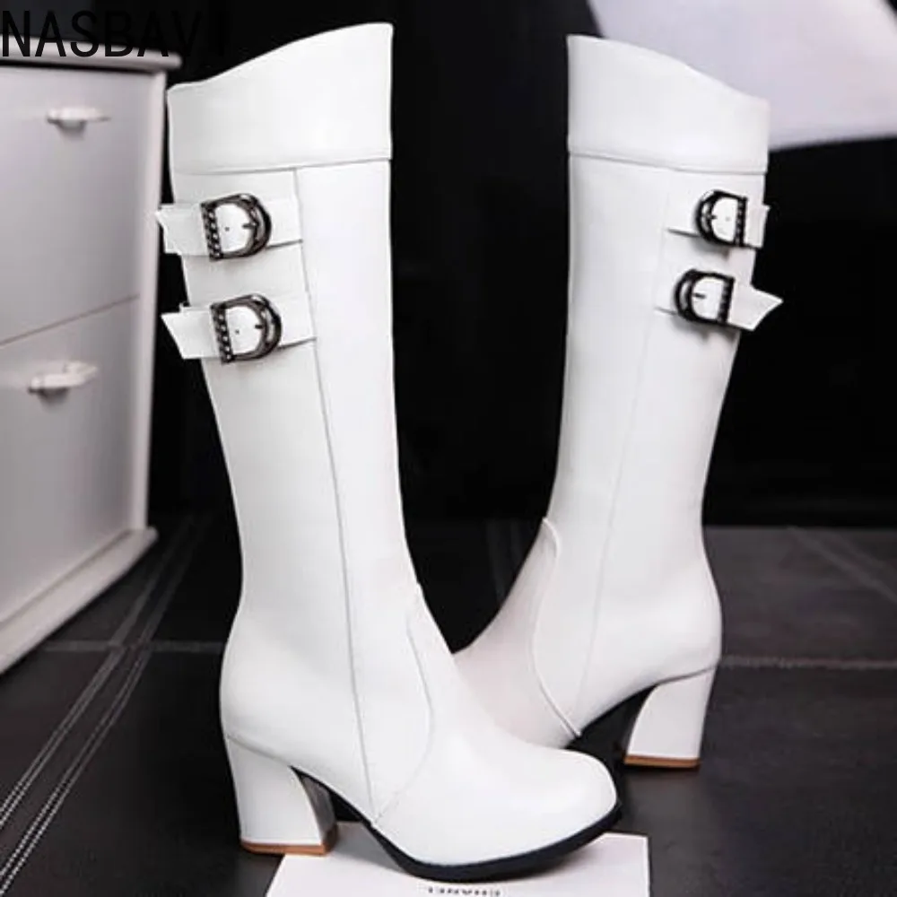 

Women's Knee High Boots Autumn Winter Shoes Black White Mid Heels Buckle Long Booties Thigh High Boot Ladies Shoes Size 45 47 49