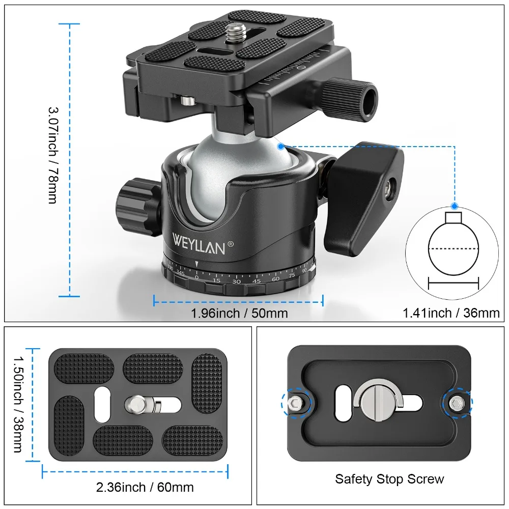 WEYLLAN EH36L Профессиональная шаровая головка 36 мм с низким гравитационным низкопрофильным штативом 360 °   Панорамная шаровая головка для штатива-монопода DSLR