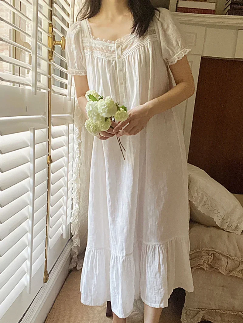 Women Pure Cotton Ruffles Vintage Nightgown Robe Lace Fairy Short Sleeve Victorian Princess Sleepwear Sweet Night Dress Homewear