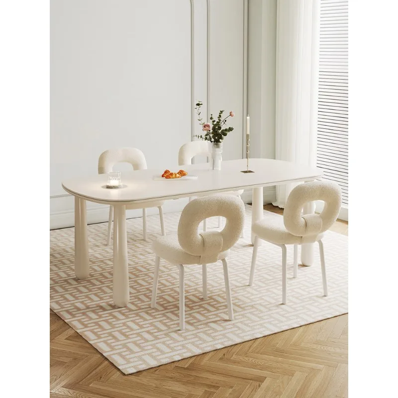 

Cream wind dining table induction cooker integrated rounded square table solid wood household dining table and chair combination
