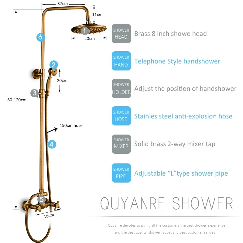 Vidric Vidric Antique Brass Shower Faucets Set 8'' Rainfall Shower Head Commodity Shelf Dual Handle Mixer Tap Bath Shower Wall M