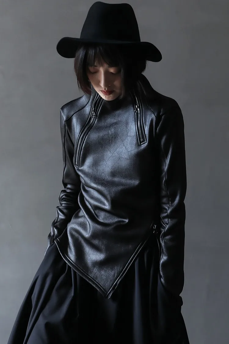 Dark Style Irregular Stand Collar Diagonal Zipper Faux Leather Sweatshirt Female Cool Black Gothic Jacket Fleece Lining Pullover