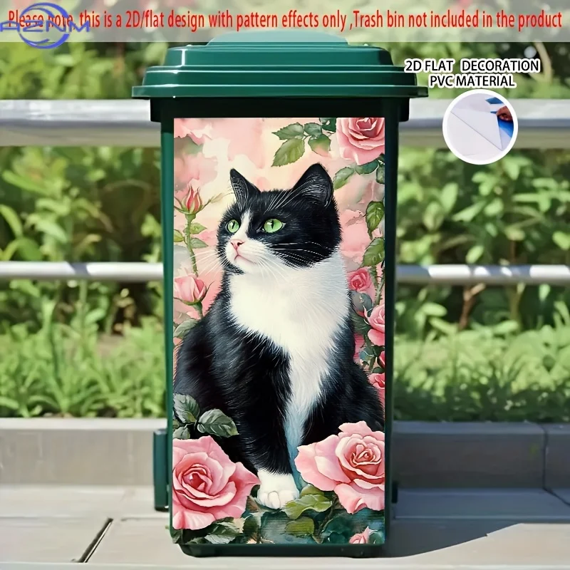 1pc UJoli Self-Adhesive Dustbin Sticker - Black & White Cat with Pink Roses Design, .01x81.99 cm PVC Decal for Trash Cans, Wal