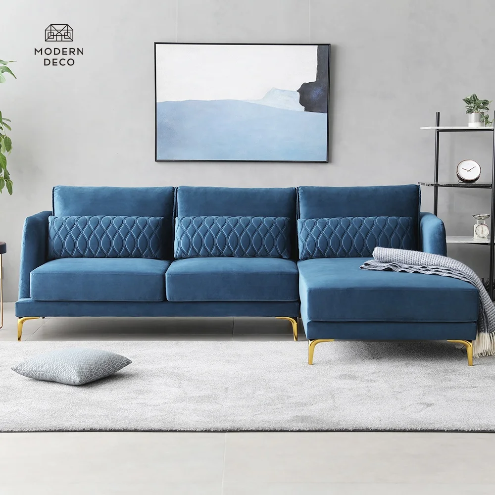 High-tech Quilting Blue Velvet Sectional Sofa Couch L Shaped Typed Set Verified Factory Custom Brand New Design No Retail