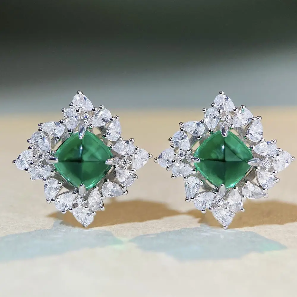 

S925 Pure Silver Back Ear Studs, Women's Candy Tower, Emerald Luxurious Full Diamond Inlaid Earrings, Chinese Style