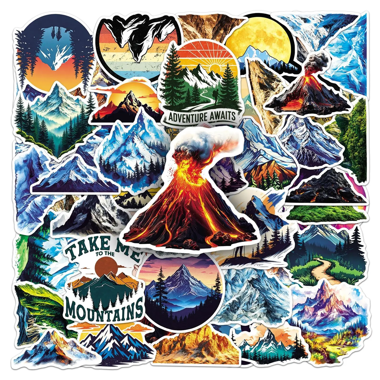 50 PCS Hand Drawn Mountains Snow Mountain Scenery Theme Stickers Decorate Luggage Skateboard Helmet Car Removable Decals