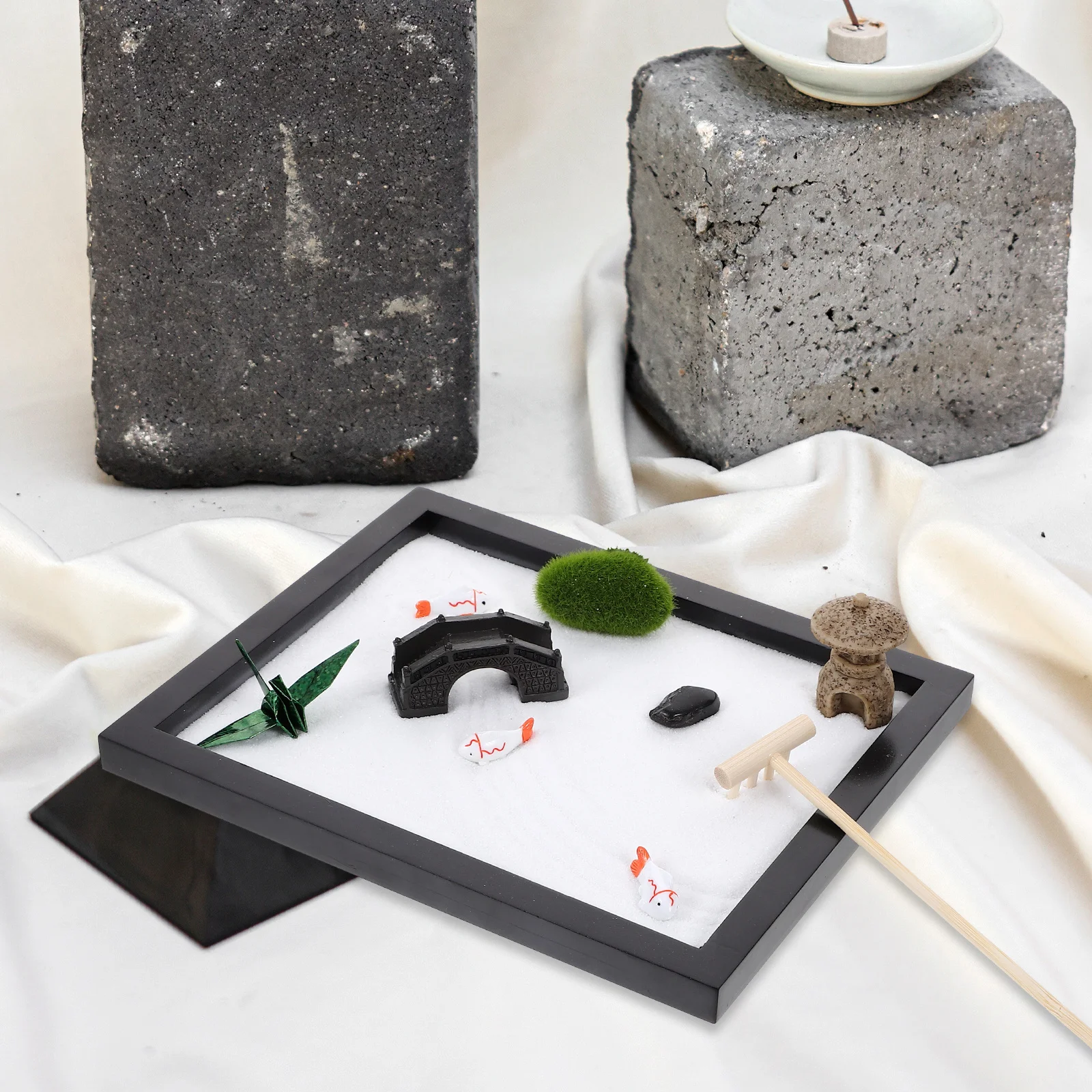 Mini Sandbox Kit Black Sand Table For Desktop Zen Garden Miniature Landscape Meditation Decor Fidget Home Desk Accessory