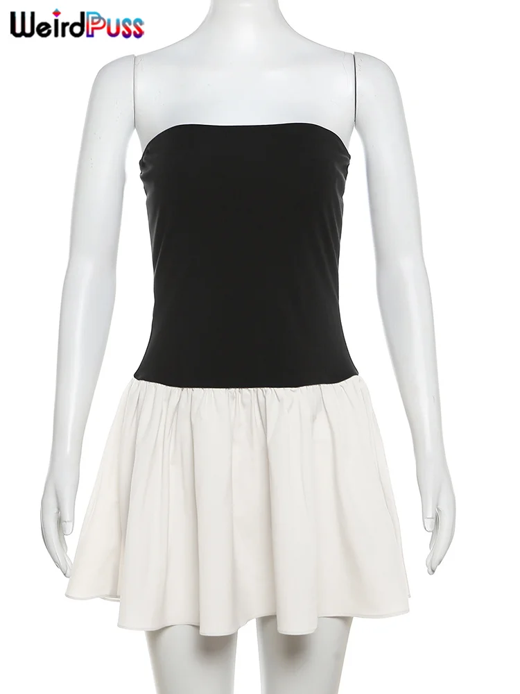 Strano gatto patchwork senza spalline abito da donna sexy spalle scoperte contrasto colore elastico una linea abito pieghettato festa di compleanno clubwear