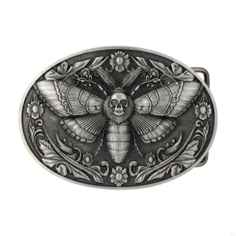 Decorative Engraved Belt Buckle with Moth Skull Engraved Metal Statement Buckle for Daily Styling and Party Looks Y08E