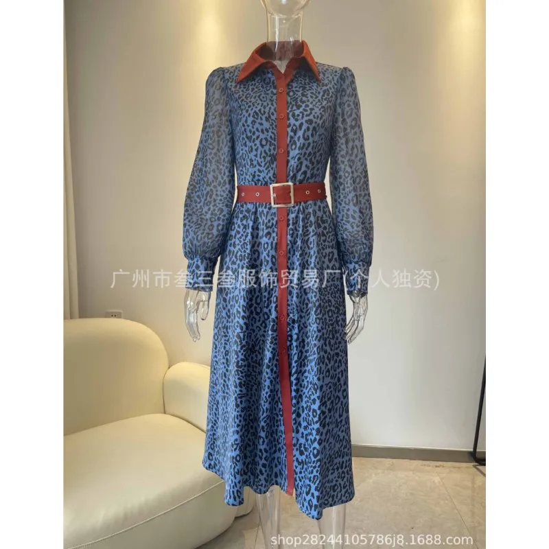 Robe chemise imprimée léopard bleu pour femmes, manches longues transparentes, col contrasté, ceinturée, robe mi-longue élégante, robe de soirée au bureau, automne
