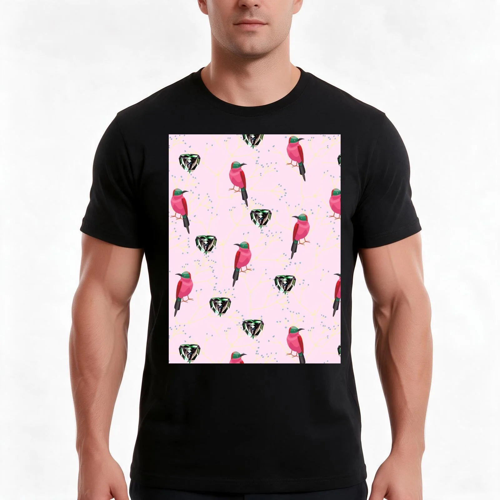 pink bird exotic emerald pattern Graphic T-Shirt, Summer Casual Cotton Tee, Oversized Streetwear Tops, Vintage Graphic Print