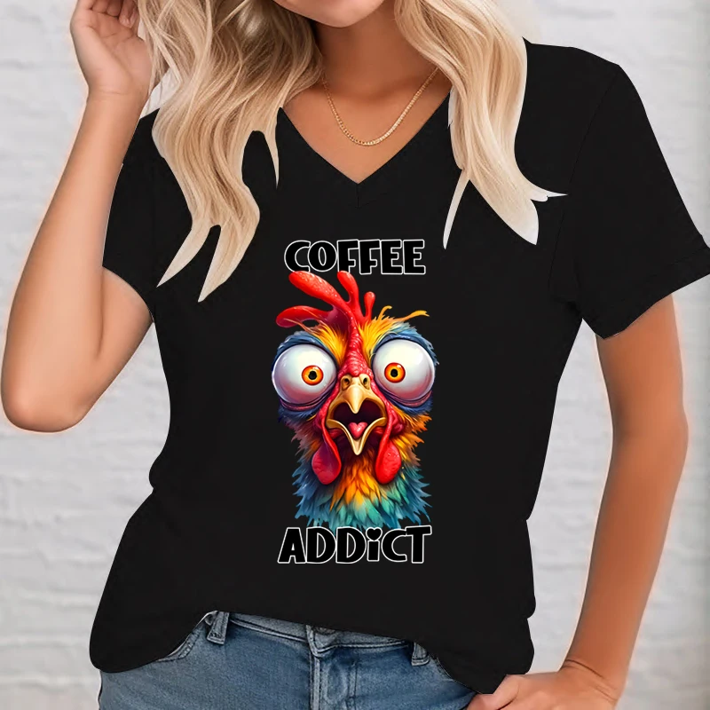 Colorful Chicken Graphic T Shirt Female Sarcastic Funny Quote Printed T-shirt Colorful Chicken Coffee Casual Short Sleeve Tshirt