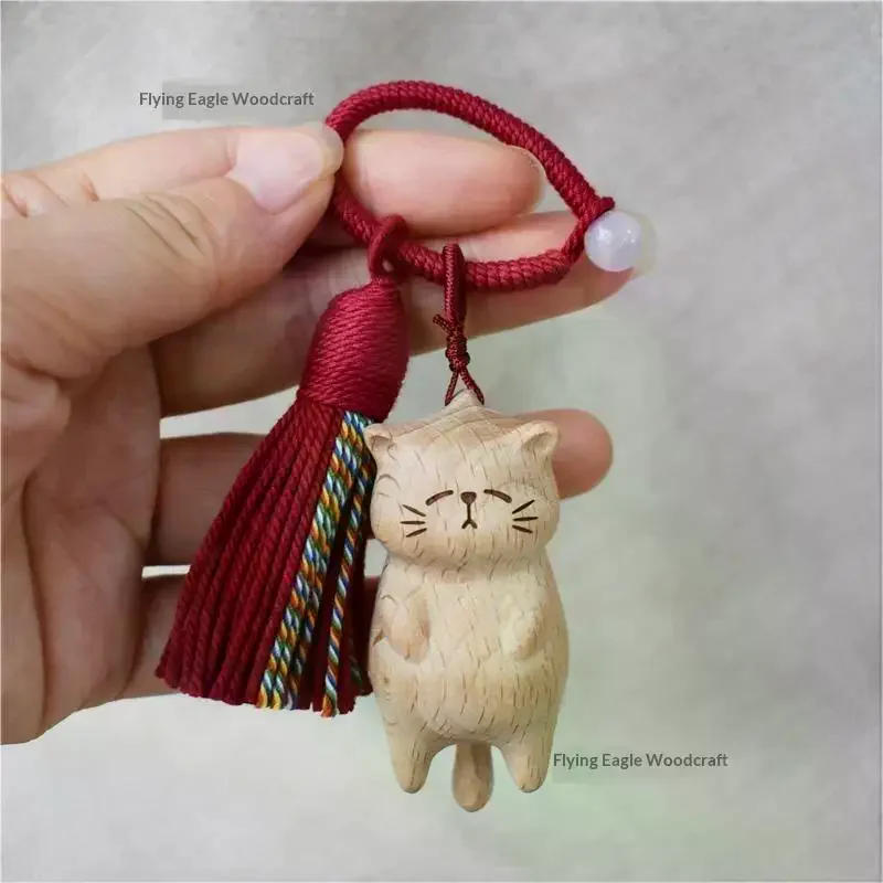 Retro Wooden Cat Keychain Hand Carved Cute Kitty Bag Pendant Charm Tassel Gift For Women Girl Couple Fashion Jewelry Accessories