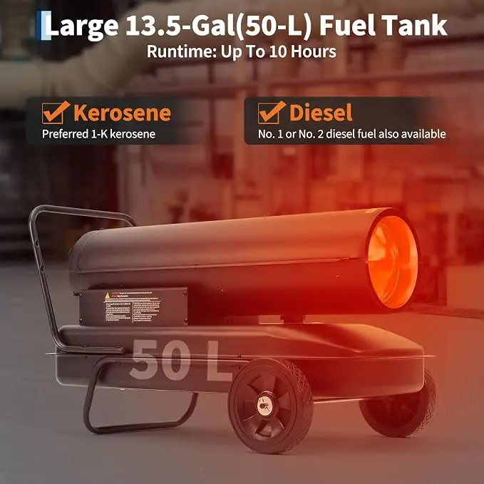 175K  Kerosene Forced Air Heater with 13.5 gal Tank, Portable Diesel Space Heater with Adjustable Thermostat & Wheels 120V 60Hz  for Construction Sites, Warehouses, Workshops