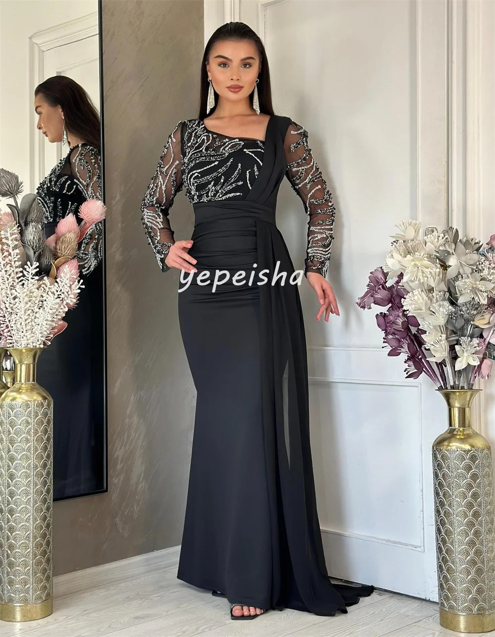 Abiti lunghi con scollo quadrato a sirena con pieghe di perline drappeggiate in chiffon retrò scintillante personalizzato Abiti da cerimonia su misura Pastrol